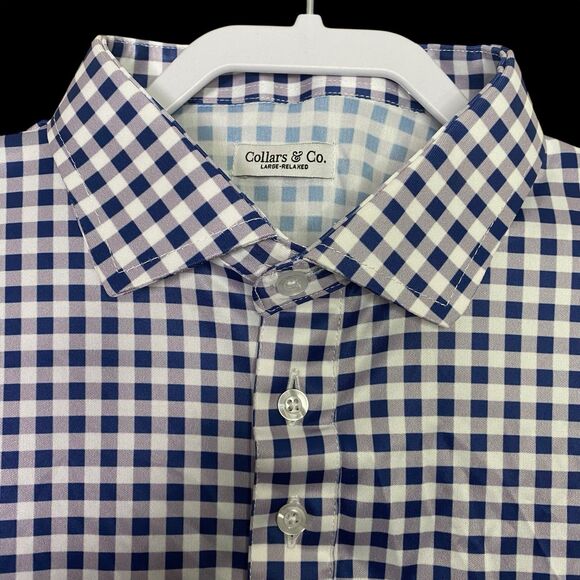 Collars & Co Polo Shirt Mens L Purple Gingham Relaxed Golf Preppy Stretch NWT - Picture 1 of 9